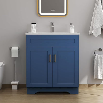 30 Inch Bathroom Vanity, Wooden Double Door Bathroom Sink Storage Cabinet, Freestanding Modern Bathroom Vanity Without Sink (Blue No Sink, 30")