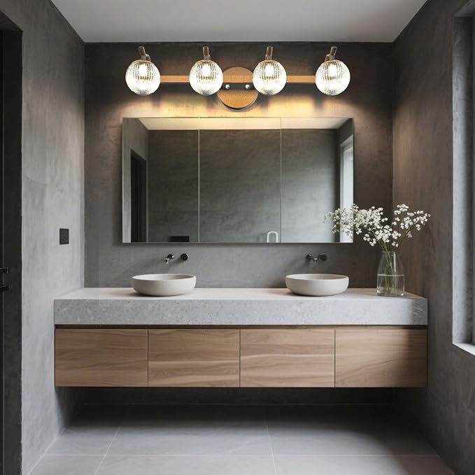 Lightdot Upgrade 4 Light Bathroom Vanity Light, 26" Modern Black Vanity Lights with Waterproof Crystal Ribbed Lampshade, Rust-Proof Bathroom Light Fixtures Over Mirror for Kitchen Hallway Cabinet
