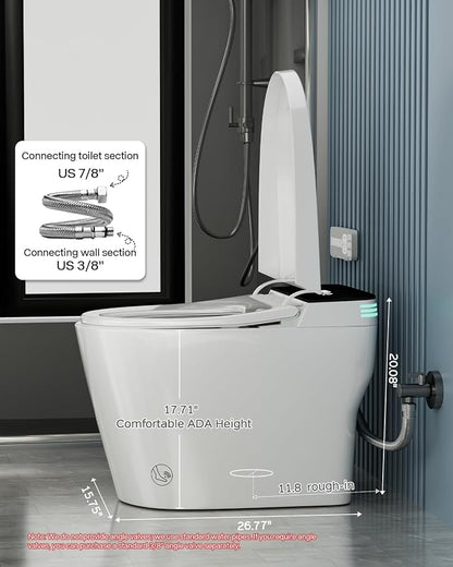 Smart Toilet with Bidet Built In, ADA Comfort Height, One Piece Elongated Toilet with Tank Built in, Pump, Auto Open Close Quiet Flush, Foam Shield, Voice Control Heated Seat,Instant Warm Water