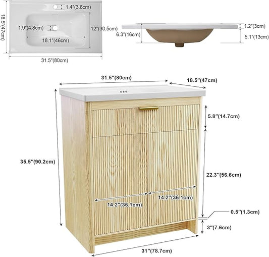 32" Modern Bathroom Vanity with Ceramic Sink, 2 Doors & 1 Drawer, Wooden Storage Cabinet, Actual 31.5" L x 18.5" W x 35.4" H