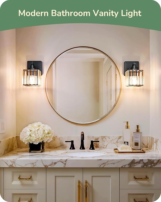 EDISHINE Hardwired Black Crystal Wall Sconces Set of 2, Modern Vanity Light | Reversible Up/Down Mounting, 1-Light, Rust-Resistant Metal, Indoor Lighting Fixtures Over Mirror, for Bathroom