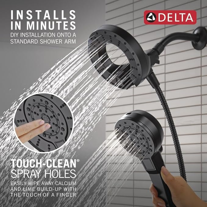 Delta 5-Setting In2ition 2-in-1 Dual Shower Head with Handheld High Pressure ProClean Spray, Matte Black Detachable Shower Head with Hose, 1.75 GPM Flow Rate, Matte Black 75548BL
