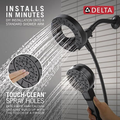 Delta 5-Setting In2ition 2-in-1 Dual Shower Head with Handheld High Pressure ProClean Spray, Matte Black Detachable Shower Head with Hose, 1.75 GPM Flow Rate, Matte Black 75548BL