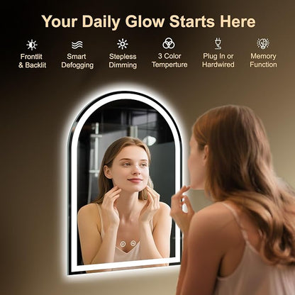 Arched LED Lighted Bathroom Mirror with Lights 24"x36"Smart Anti-Fog | Dimmable 3 Color Modes, Backlit and Front Lit, Memory Function, HD Tempered Glass,Touch Sensor
