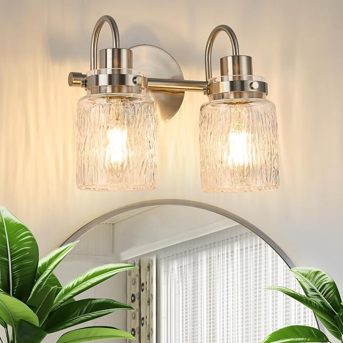 2 Lights Bathroom Vanity Light, Brushed Nickel Bathroom Light Fixtures with Hammered Glass Lampshade for Dressing Table,Over Mirror,Hallway