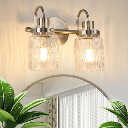 2 Lights Bathroom Vanity Light, Brushed Nickel Bathroom Light Fixtures with Hammered Glass Lampshade for Dressing Table,Over Mirror,Hallway