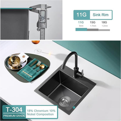 Black Topmount Kitchen Sink - 15”×15” Single Bowl Sink | 8 Inch Deep Handmade Bar Sink with Strainer, Stainless Steel 304, Center Drain, X-Groove Drainage, Sound-Dampening Pad