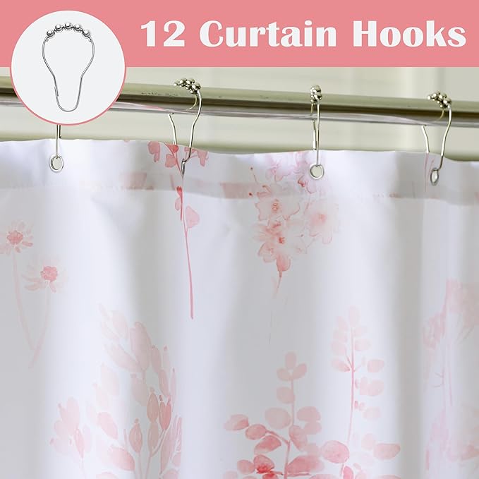 72x78 Inch Shower Curtain for Bathroom Water Repellent Fabric Curtains with Hooks Sets Pink Watercolor Floral