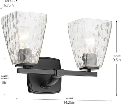 Kichler Marant 14.25" 2-Light Vanity Light with Clear Water Glass in Black, for Bathroom, Powder Room, Over a Mirror, (14.25" W x 9.5" H), 55215BKWTR