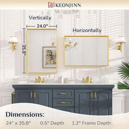 Keonjinn 24x36 Inch Gold Bathroom Mirror for Over Sink, Rectangular | HD Tempered Glass, Vanity Mirror, Brushed Framed, Square Corner, Modern Farmhouse, Wall Mounted Mirrors, Aluminum Alloy