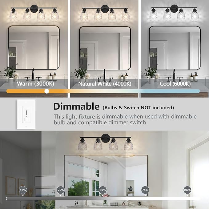 4-Light Vanity Light Over Mirror, Black Bathroom Light Fixtures | Modern Farmhouse Wall Sconces with Hammered Glass Lampshade for Kitchen Hallway Bedroom Living Room Cabinet Porch-27.5IN
