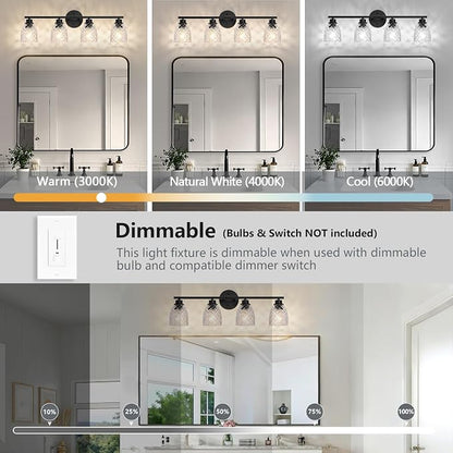 4-Light Vanity Light Over Mirror, Black Bathroom Light Fixtures | Modern Farmhouse Wall Sconces with Hammered Glass Lampshade for Kitchen Hallway Bedroom Living Room Cabinet Porch-27.5IN