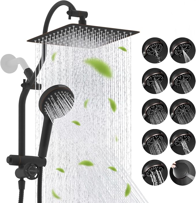 Hibbent High Pressue All Metal 10" Rainfall Shower Head, Handheld 10-Spray | cUPC Certified Oil-Rubbed Bronze Dual Showerhead Combo, 4-way Diverter with Pause Mode, Extension Arm, 71'' Hose & Holder