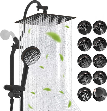 Hibbent High Pressue All Metal 10" Rainfall Shower Head, Handheld 10-Spray | cUPC Certified Oil-Rubbed Bronze Dual Showerhead Combo, 4-way Diverter with Pause Mode, Extension Arm, 71'' Hose & Holder