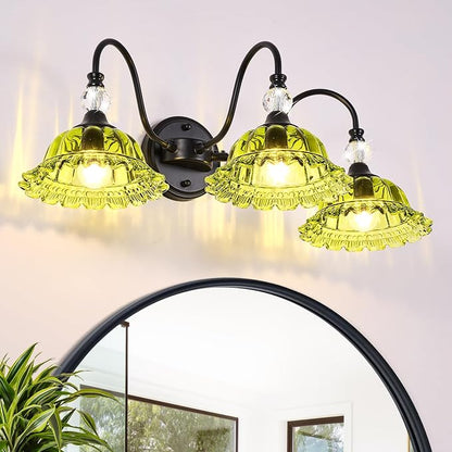 Vintage Bathroom Vanity Light Fixtures 3 Lights Matte Black Vanity Lights for Bathroom with Floral Green Crystal Glass Shades Vanity Wall Lights for Mirror Bedroom Living Room Hallway