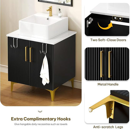 YITAHOME 24 Inch Bathroom Vanity with Vacuum Forming | Storage Cabinet Vanity with Engineered White Stone Countertop, 2 Large Soft Closing Doors with Shelf, Gold Handles & Legs