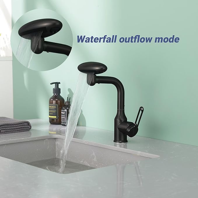 Bathroom Sink Faucet 1 Hole, Matte Black Multifunctional Basin Faucet with 4 Water Outlet Modes, Modern 360°Rotatable Bar Tap with Two Water Supply Pipes