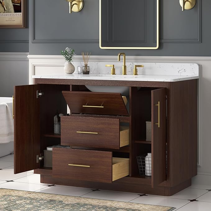 48 Inch Bathroom Vanity with Sink, Solid Wood Frame with Engineered Marble Countertop, Fully-Assembled Vanity with Soft-Close Drawers, Adjustable Feets, Warm Elm