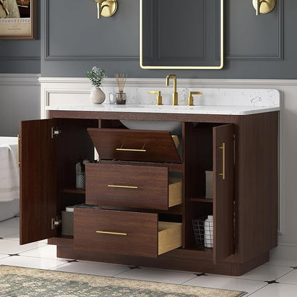 48 Inch Bathroom Vanity with Sink, Solid Wood Frame with Engineered Marble Countertop, Fully-Assembled Vanity with Soft-Close Drawers, Adjustable Feets, Warm Elm
