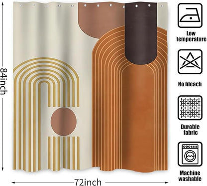 Mid Century Modern Extra Long Shower Curtain, Boho Brown Arch Geometric Machine Washable Waterproof for Bathroom Bathtub with Hooks 72Wx84H