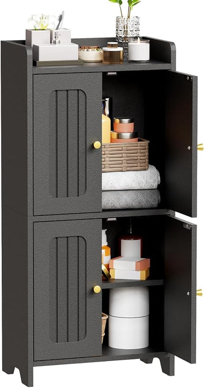 BEWISHOME Small Floor Cabinet,Toilet Paper Storage,Bathroom Storage Cabinet | with 4 Doors and Shelves, Bathroom Organizers and Storage for Small Spaces, Black 7.9" D x 14.6" W x 31" H YYG11B