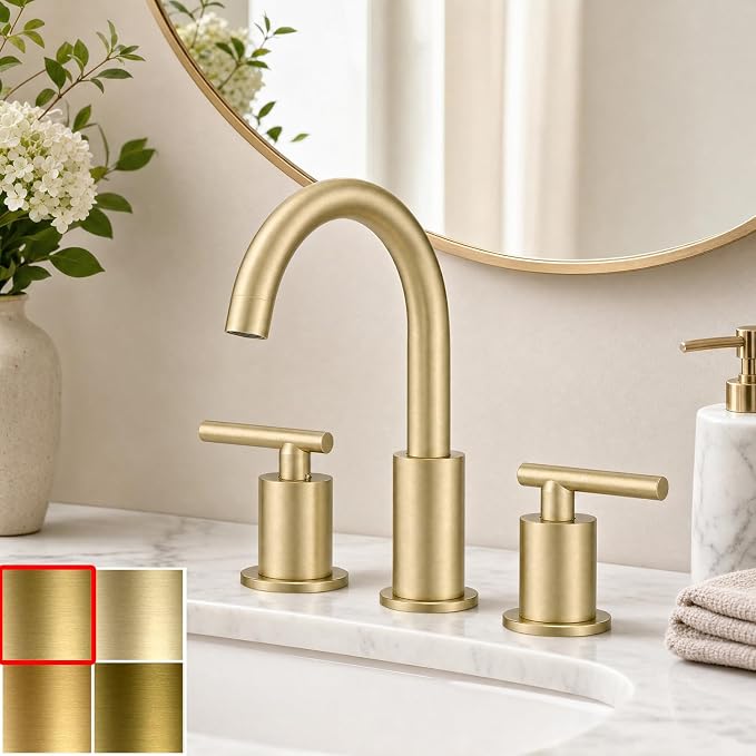 Widespread Bathroom Faucet, 2 Handle Vanity Sink Faucet Brushed Gold | SUS 304 Stainless Steel, 360° Swivel Spout, Pop-up Drain, Ceramic Valve, Aerated Stream, 20-Min DIY Install