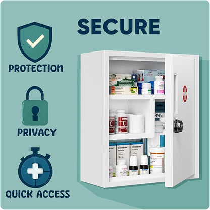 Wall Mount Locking Medicine Cabinet, Empty Metal Medicine Storage Box with All-Metal Digit Lock, Bathroom Cabinet Organizer Over the Toilet, Keyless First Aid Box for Home School Business