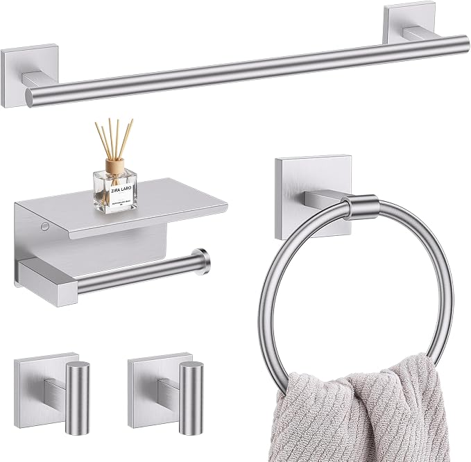 Lairuier Bathroom Hardware Set Brushed Nickel, Towel Holder Set Wall Mount | Bathroom Accessories Set, SUS304 Stainless Steel 23.6" Towel Bar, Toilet Paper Holder with Shelf, Towel Ring and Towel Hooks