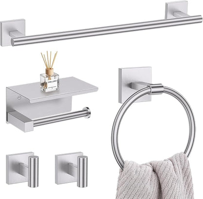 Lairuier Bathroom Hardware Set Brushed Nickel, Towel Holder Set Wall Mount | Bathroom Accessories Set, SUS304 Stainless Steel 23.6" Towel Bar, Toilet Paper Holder with Shelf, Towel Ring and Towel Hooks