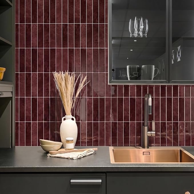 STICKGOO 10-Sheet Peel and Stick Backsplash Tile(Thicker Design) | Self Adhesive Vinyl Wall Tiles, 3D DIY Subway Tiles, Stick on Backsplash for Kitchen and Bathroom(Vintage Red)