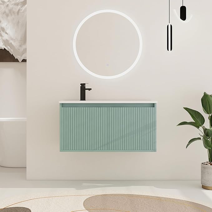 36 Inch Bathroom Vanity with Sink, 36" Floating Vanity, Premium Plywood Wooden Bathroom Cabinet with Soft Close Doors and Waterdrop-Shaped Resin Sink, Modern Wall Mounted Cabinet Set (Stripe Pattern)