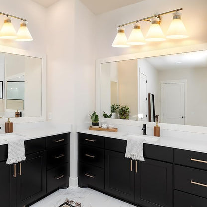 WOSHITU Bathroom Vanity Light Fixtures: 4 Bulb Mid Century Modern Vanity Lights for Bathroom, Brass Gold Wall Sconce Lighting with Frosted Milky Glass for Over Mirror Bath