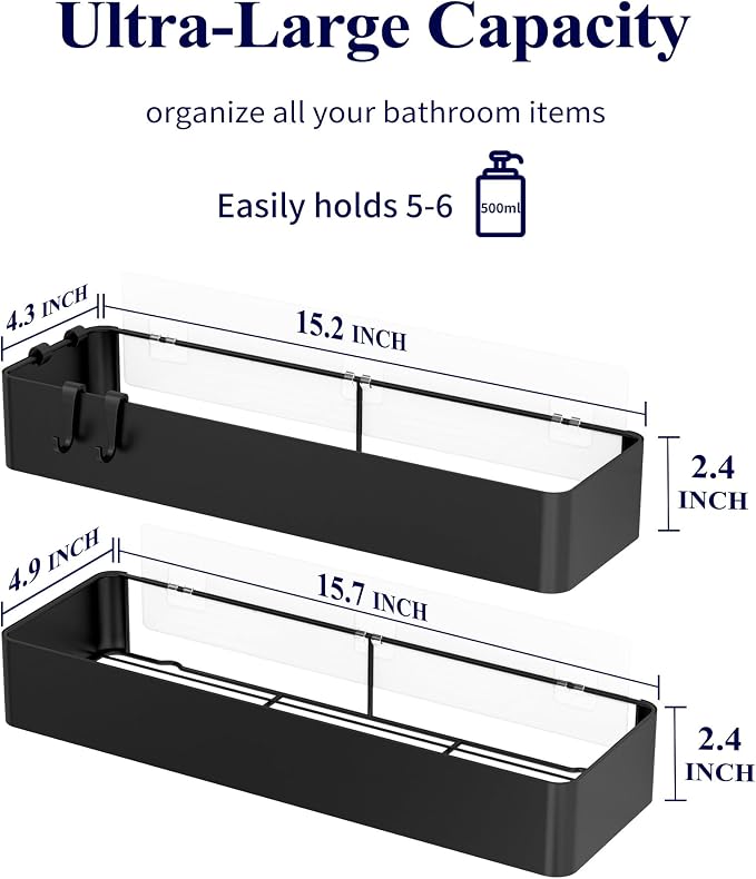 Kitsure Shower Caddy - 2 Pack Adhesive Shower Organizer, Rustproof Metal Shelves, No-Drill Bathroom Organizers and Storage, Black, XX-Large | 2 Pack Shower Shelf for Inside Shower, 100% Rustproof Metal Shelves, No-Drill Bathroom Organizers and Storage