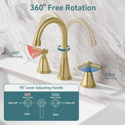 Damomo Bathroom Sink Faucet, Brushed Gold 8 Inch Widespread Bathroom Faucet for Sink 3 Hole, 2 Handle Faucet with Pop Up Drain and 2 Supply Hoses for RV Vanity
