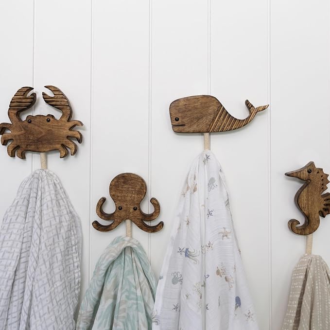 Crane Baby Sea Life Wooden Wall Hooks - Set of 4 Wooden Ocean Nursery Decor Towel Hooks, Brown