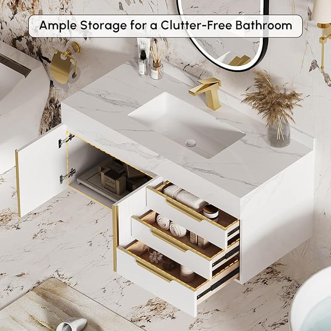 homary 36" Floating Bathroom Vanity Set with Single Sink, Modern Bathroom Sink Cabinet Storage Cabinet with Sintered Stone Countertop and Ample Storage, White