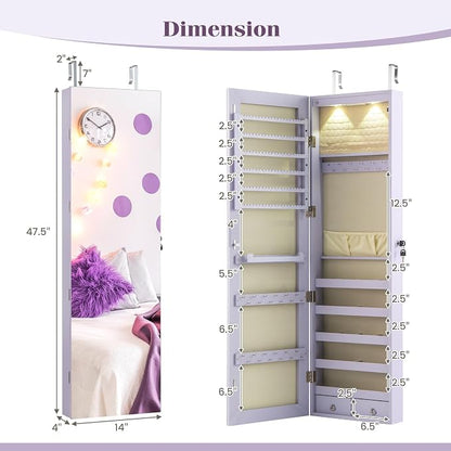 Giantex Wall or Door Mounted Jewelry Armoire with 47.5" Full Length Mirror, Lockable Cabinet with 2 LED Lights, 2 Drawers, Over the Door Large Jewelry Storage Organizer (Lavender)