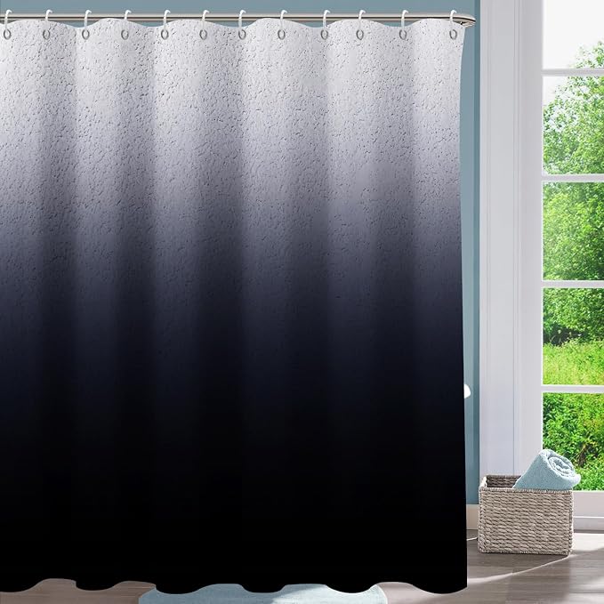 Black Ombre Diatomaceous Earth Shower Curtain Set, 72x72 Inch, Rustic Farmhouse Style for Bathroom
