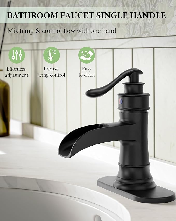 Black Bathroom Faucet Matte Waterfall Sink Farmhouse Vanity Single Hole | Faucets One Handle Basin Antique centerset with Pop Up Drain Stopper Mixer Tap Overflow Supply Line by Homevacious