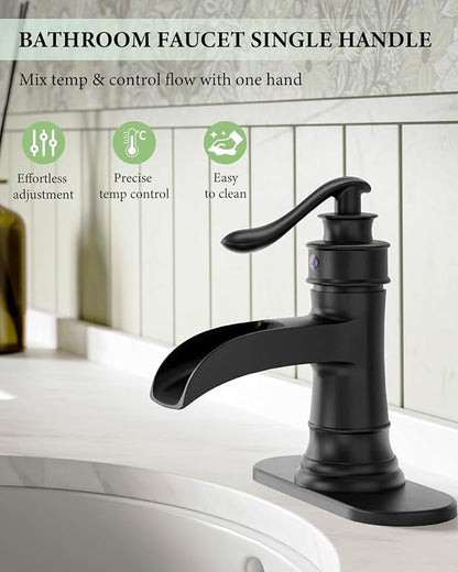 Black Bathroom Faucet Matte Waterfall Sink Farmhouse Vanity Single Hole | Faucets One Handle Basin Antique centerset with Pop Up Drain Stopper Mixer Tap Overflow Supply Line by Homevacious