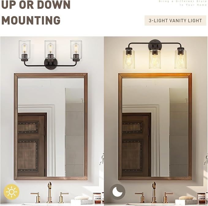 zeyu 22-Inch 3-Light Bathroom Light Fixtures with Clear Glass, ZS62B-3W ORB | Bathroom Lights Fixtures Over Mirror, Clear Glass Shades, 3 E26 Bulbs Up To 60W Each, Up/Down Mount, For Bathroom Mirror