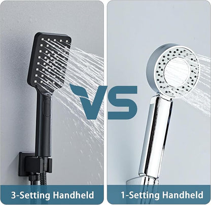 8 Inch Shower Faucet Set, Rainfall Shower System with High Pressure Handheld Shower Head, Bathroom Mixer Shower Set Wall Mounted Rough-in Valve and Trim Kit, Matte Black, with 3-Setting