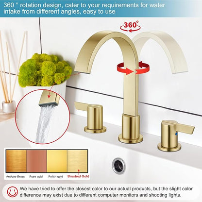 Midanya 8 Inch Widespread Bathroom Sink Faucet 3 Hole,Brushed Gold | Waterfall Swivel Spout,2 Handle,SUS304,with Pop Up Drain,cUPC 24" Water Hose,for 6-16” hole distance vanity,RV,Farmhouse Sink