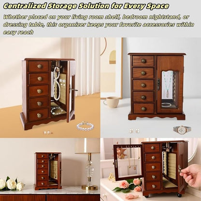 Vintage Wood Jewelry Box with 5 Drawers, Desktop Jewelry Organizer with Glass Door & Mirror, Necklace Ring Storage Display Case Built-in Necklace Carousel, Brown (Dark Brown, 5 Drawers)