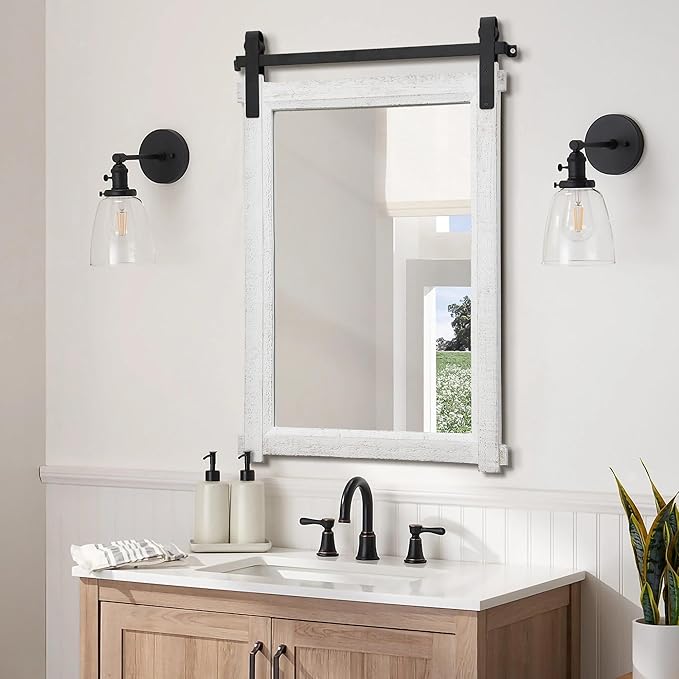 Besdomus Bathroom Farmhouse Wall Mirror: 24"x36" White Farmhouse Solid Cedar Wood Frame - Wall Mounted Mirror for Hallway/Living Room/Bathroom Upgrade - Rustic Wall Decor for Homemakers
