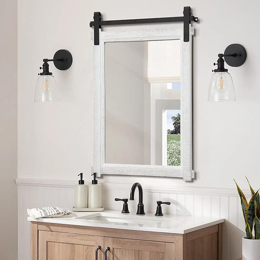 Besdomus Bathroom Farmhouse Wall Mirror: 24"x36" White Farmhouse Solid Cedar Wood Frame - Wall Mounted Mirror for Hallway/Living Room/Bathroom Upgrade - Rustic Wall Decor for Homemakers