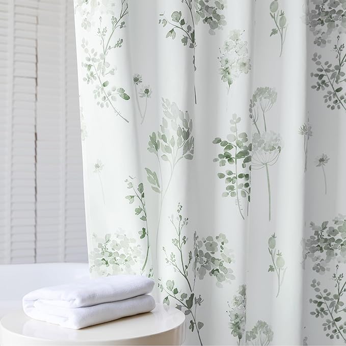 78 Inch Shower Curtain, Boho Floral Waterproof Fabric Shower Curtains for Bathroom with Hooks, Sage Green and White, 72x78 in Long