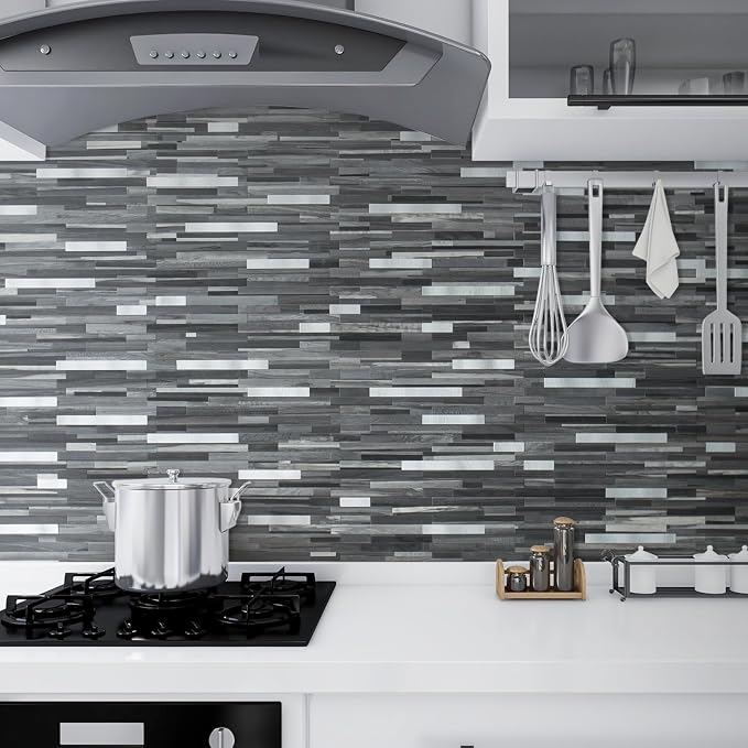 DICOFUN 10-Sheet Peel and Stick Backsplash Tile, Black & Grey Wood Look PVC Mixed Metal Stick on Backsplash Tiles for Kitchen, 9.4 sq.ft