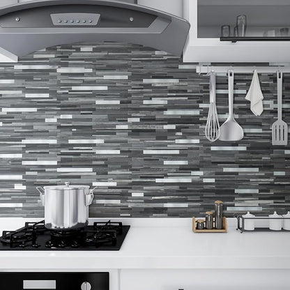 DICOFUN 10-Sheet Peel and Stick Backsplash Tile, Black & Grey Wood Look PVC Mixed Metal Stick on Backsplash Tiles for Kitchen, 9.4 sq.ft