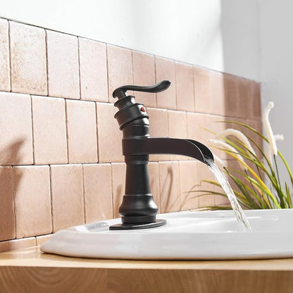 Black Bathroom Sink Faucet Waterfall Bath Faucets Single Handle | Single Hole Deck Mounted, Includes Matching Pop Up Drain and Supply Hose, Farmhouse Antique Commercial, Lead-free Brass